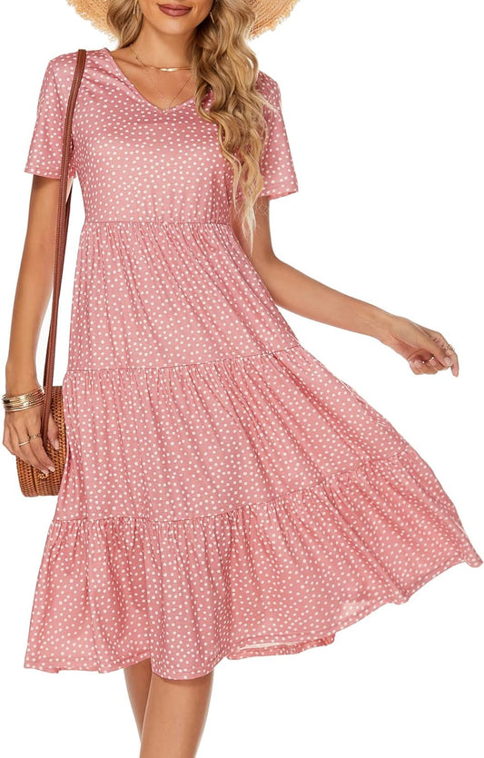 Women'S Casual Summer Tiered Midi Dress 2025 Short Sleeve V-Neck Loose 