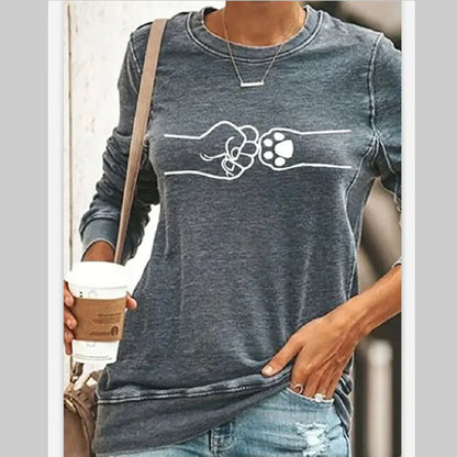 Cat Print Long Sleeve Round Neck Pullover women T-Shirt.