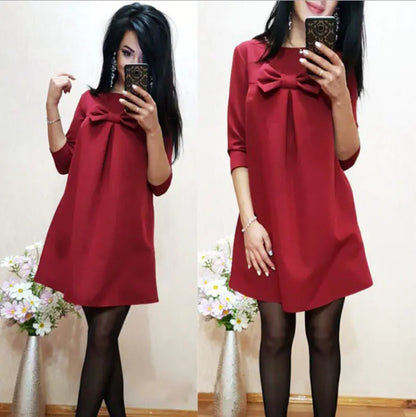 Solid Color Dress with Bow Tie and Half Sleeves