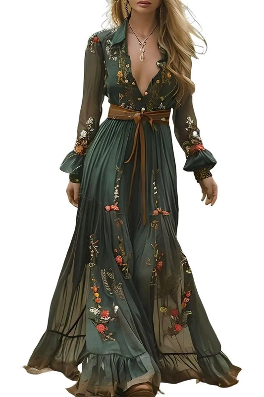EEMEII Womens Long Sleeve Boho Dress 2025 Spring Cotton Maxi Dress Wedding Guest Casual Long Dress Fall Dress Elegant Dress Green