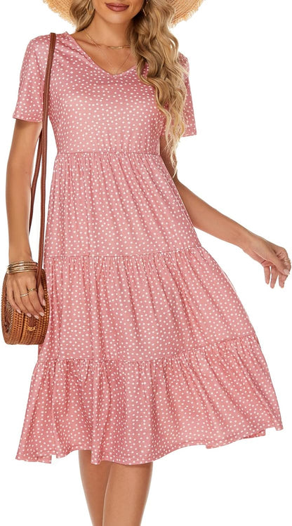 Women'S Casual Summer Tiered Midi Dress 2025 Short Sleeve V-Neck Loose 