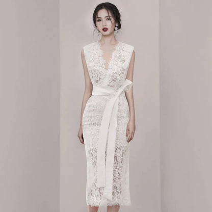 V-Neck Lace Party Dress with Waist Tie