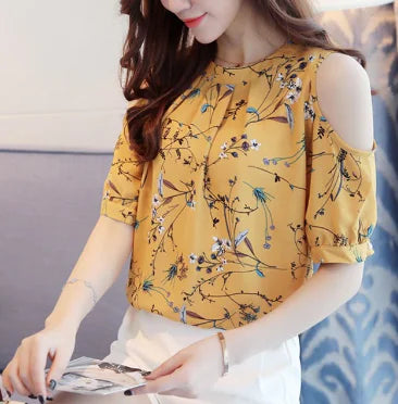 Loose Floral Chiffon Off-Shoulder Blouse.
