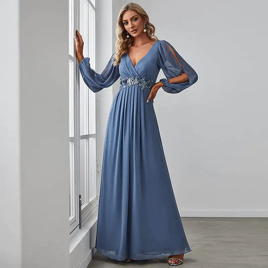 V-neck Evening Dress in Pure Color for Women.