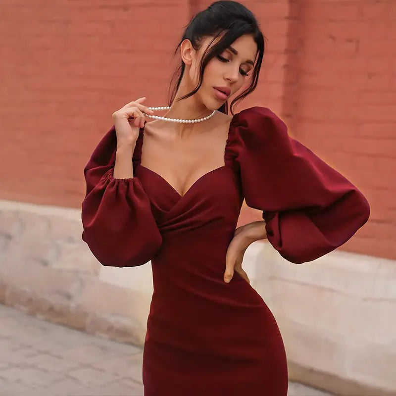 Sexy Mid-Length Dress with Puff Sleeves for Women.