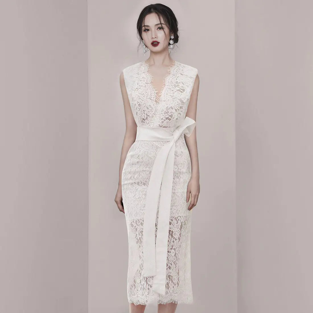 V-Neck Lace Party Dress with Waist Tie