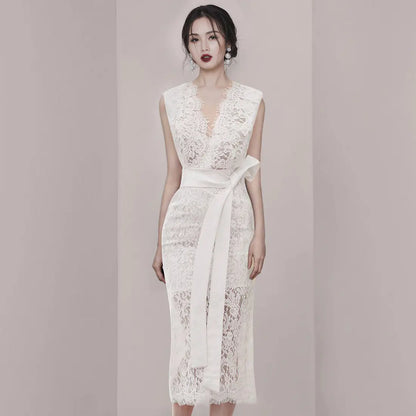 V-Neck Lace Party Dress with Waist Tie
