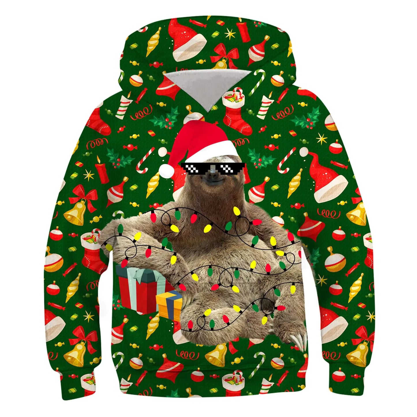 ZenGents Kids Christmas Sweater for Boys Girls 2024 Ugly Xmas Green Sloth Hoodies Size 10 12 Sweatshirt Santa Holiday Party Clothes Outfits 8 9 11 Years