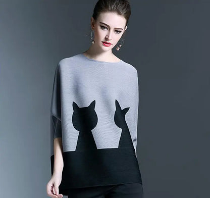 Loose-Fit Cat Print Top with Ruffled Sleeves for Women