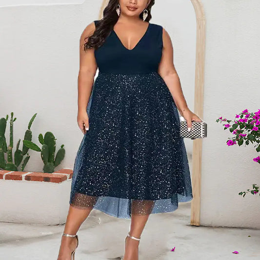 Plus Size Women's Dress with Sheer Mesh Panels