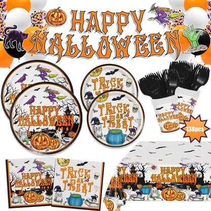 Vintage Halloween Paper Plates and Napkins Halloween Party Supplies 138pcs Halloween Tableware Set Includes Halloween Party Plates Cups Napkins Banner Tablecloth for Kids Serve 24