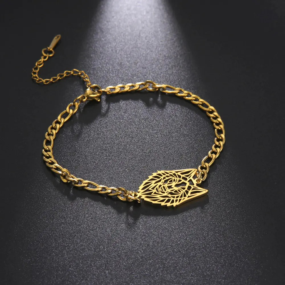 Hollow Wolf Head Pendant with Figaro Chain Bracelet