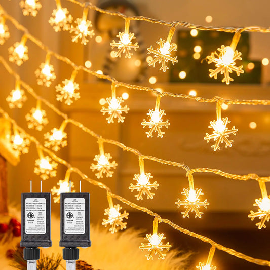 2 Packs Christmas Snowflake String Lights 100 LED 43 FT Plug in Fairy Light 8 Modes with Timer Christmas Lights Waterproof Connectable for Indoor Outdoor Wedding Party Xmas Decor