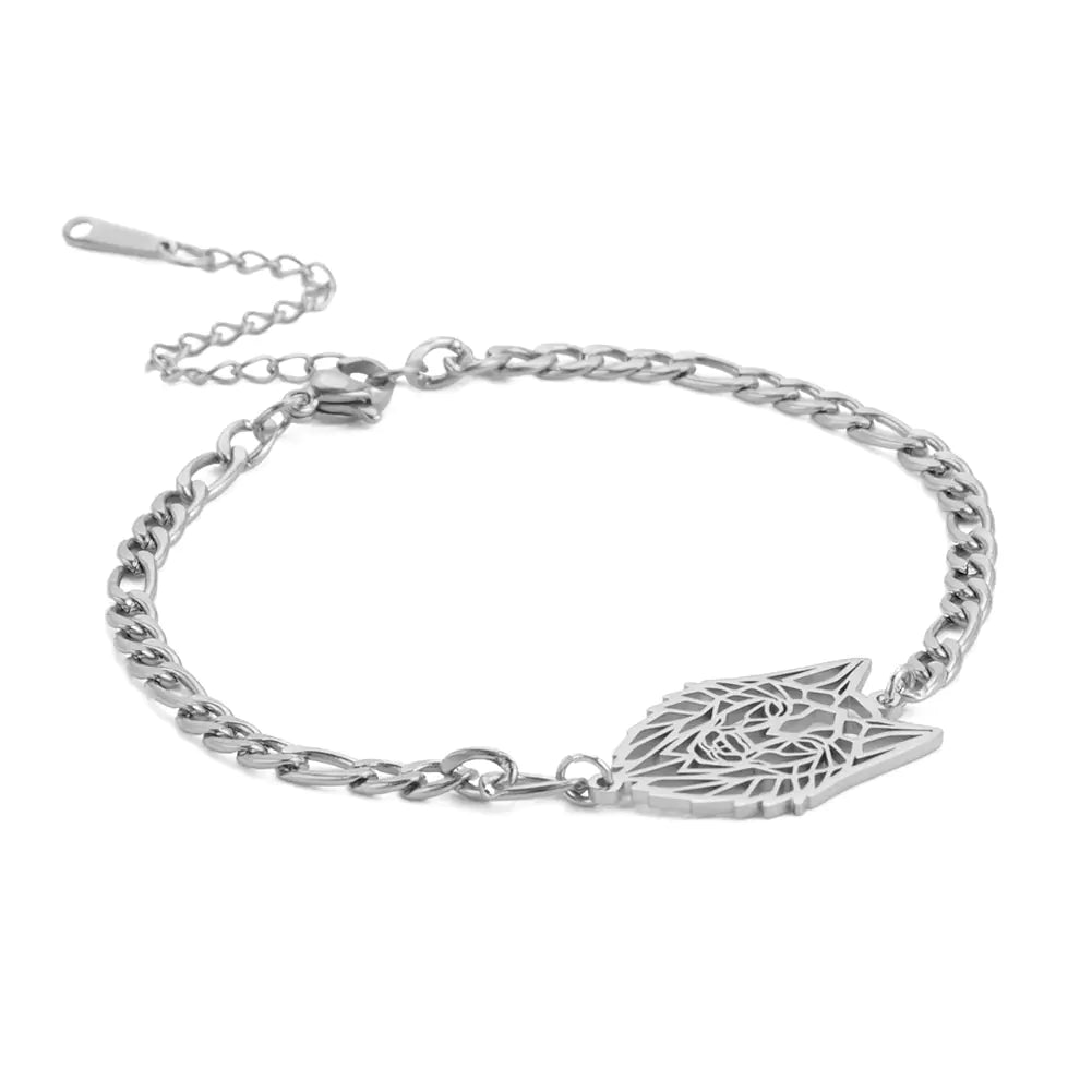 Hollow Wolf Head Pendant with Figaro Chain Bracelet