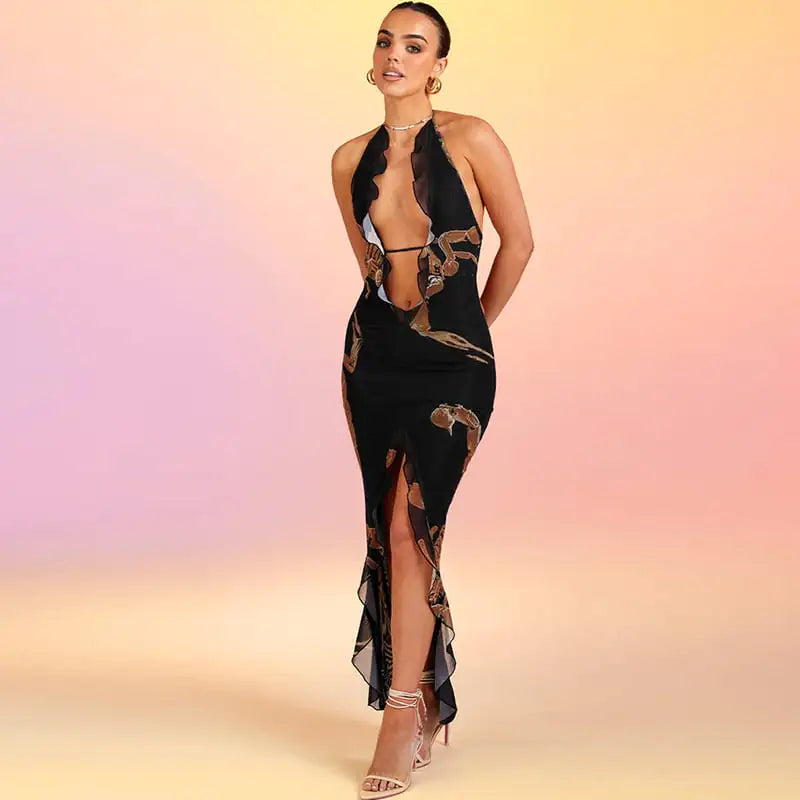 Women's Fashion Printed Halter Strap Maxi Dress.