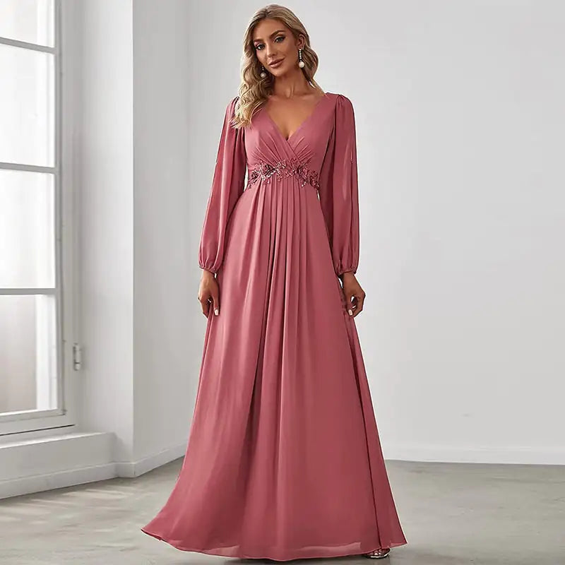 V-neck Evening Dress in Pure Color for Women.