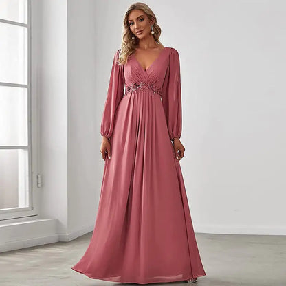 V-neck Evening Dress in Pure Color for Women.