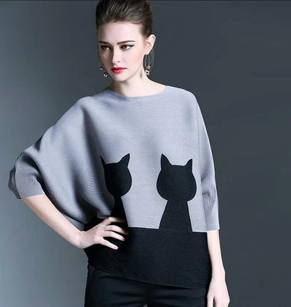 Loose-Fit Cat Print Top with Ruffled Sleeves for Women