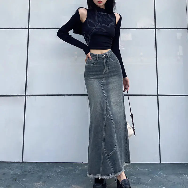 Solid Slim High Waist Denim Skirt.