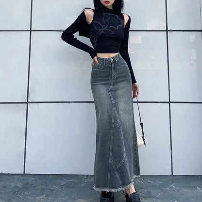 Solid Slim High Waist Denim Skirt.
