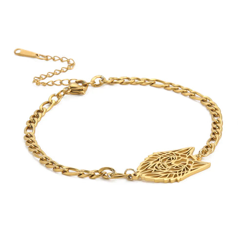 Hollow Wolf Head Pendant with Figaro Chain Bracelet