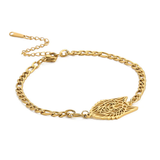 Hollow Wolf Head Pendant with Figaro Chain Bracelet