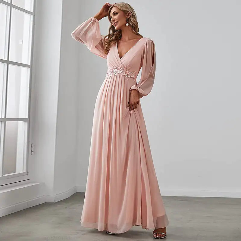 V-neck Evening Dress in Pure Color for Women.