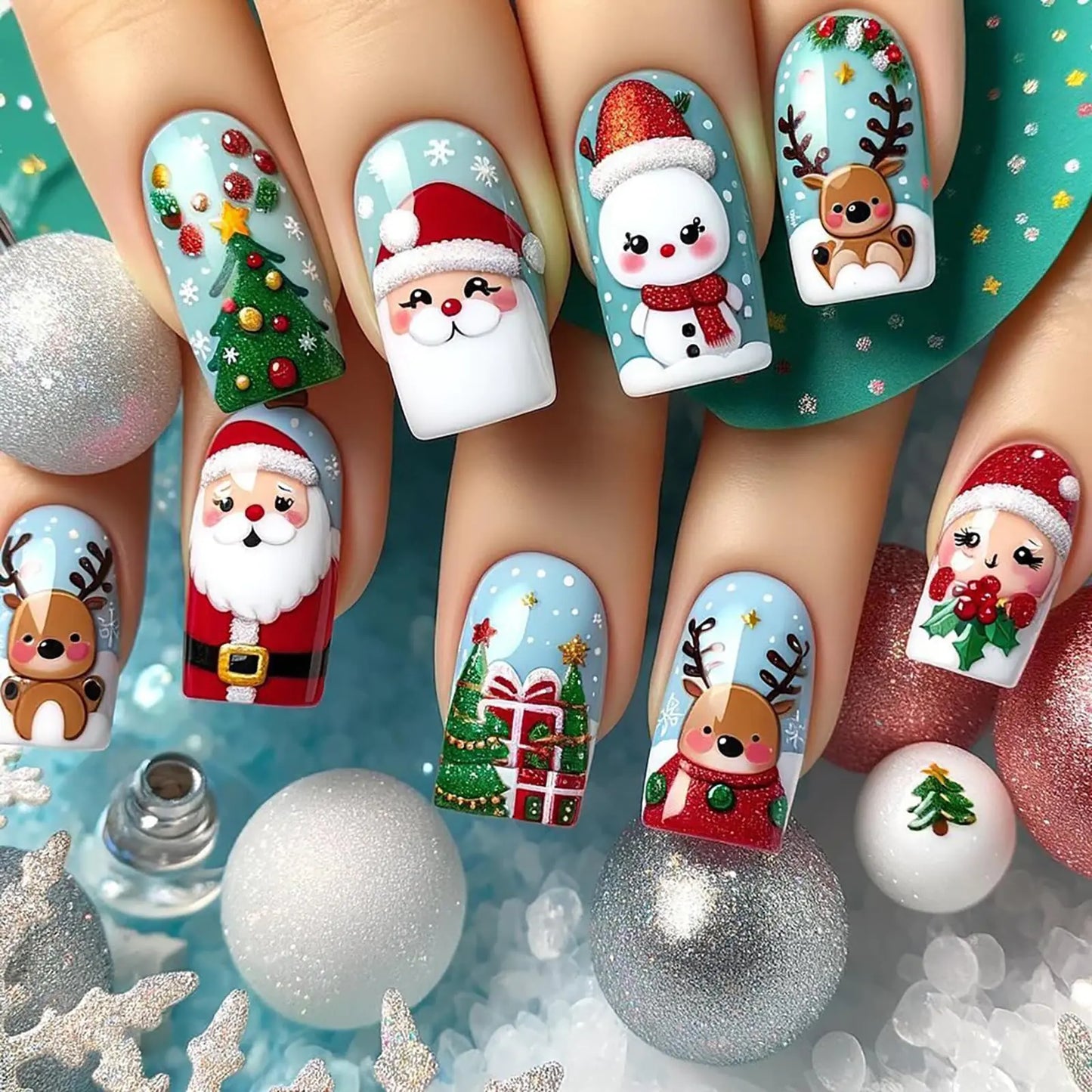 Christmas Press On Nails Coffin With Santa Claus Elk Deer Snowman 24pcs