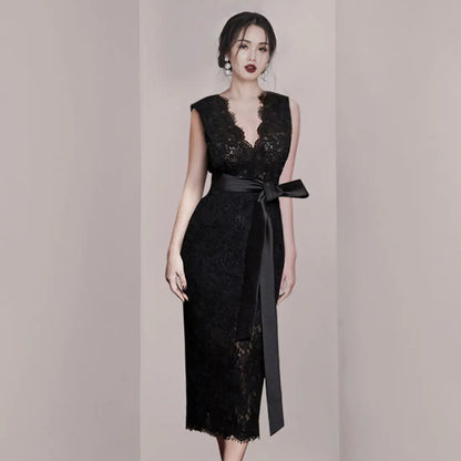 V-Neck Lace Party Dress with Waist Tie