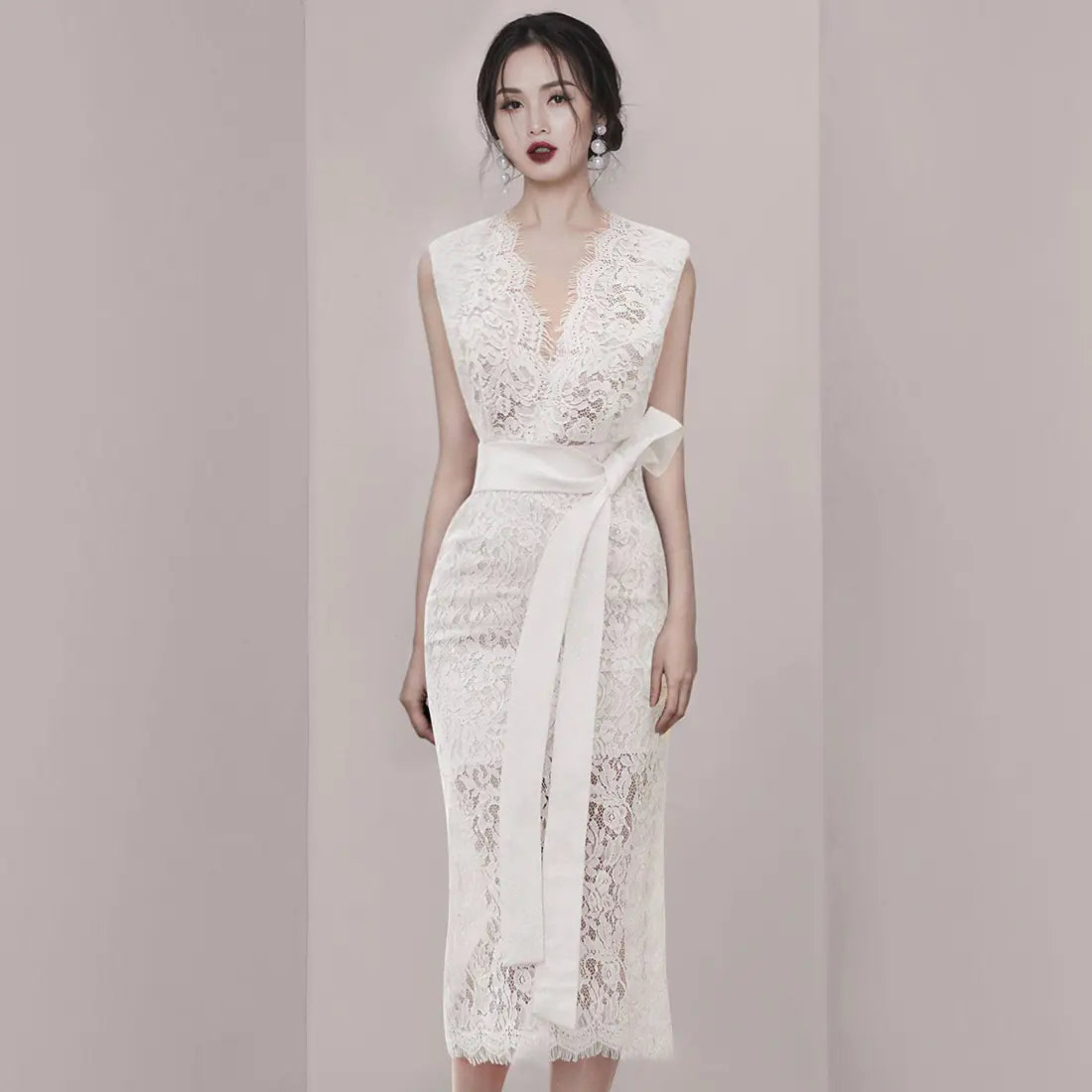 V-Neck Lace Party Dress with Waist Tie