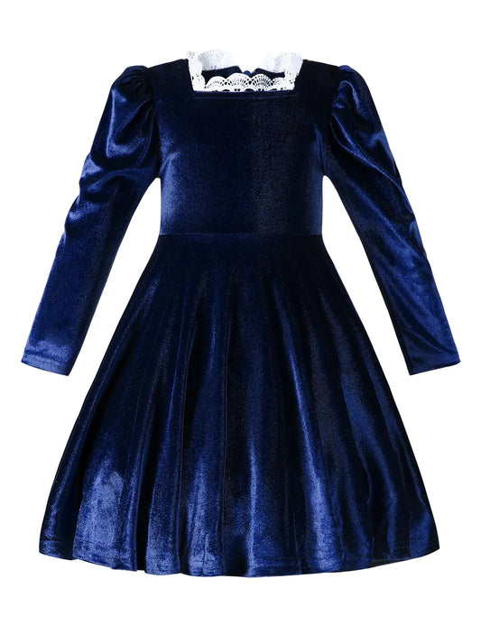 U·nikaka Toddler Girl Christmas Dress Baby Girl Dress Velvet Dress Square Neck Lace Trim Girl Long Sleeve Dress Toddler Dress