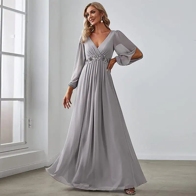 V-neck Evening Dress in Pure Color for Women