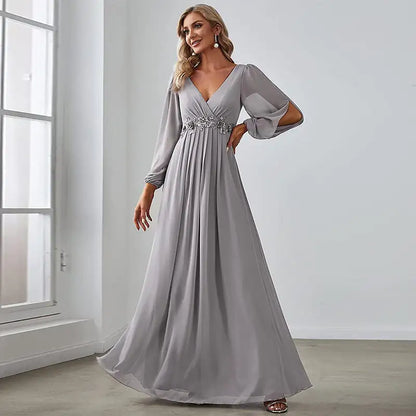 V-neck Evening Dress in Pure Color for Women