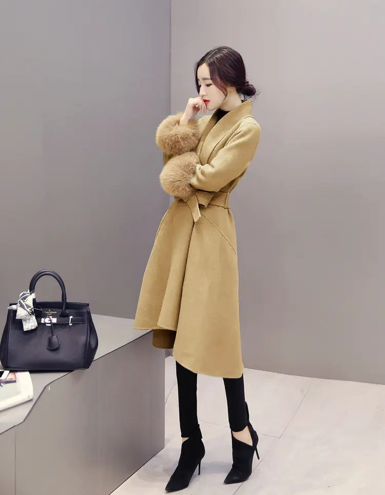 Women's Long Wool Blend Coat with Fox Fur Trim